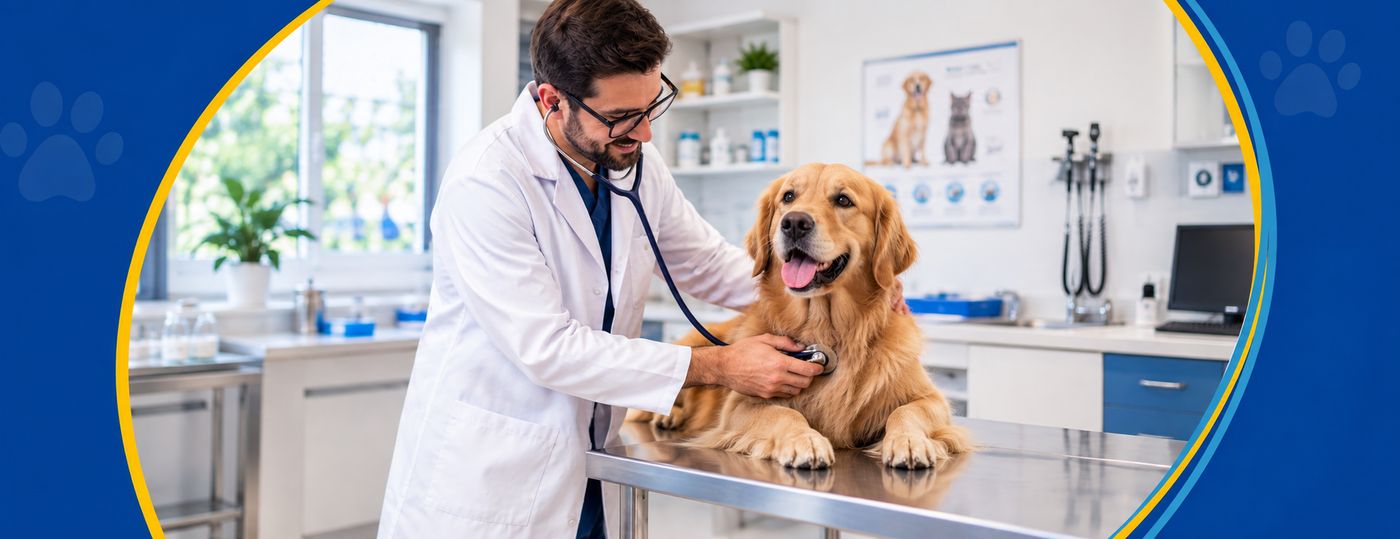 Veterinário examinando um golden retriever com estetoscópio na Clínica Veterinária Vetanimon